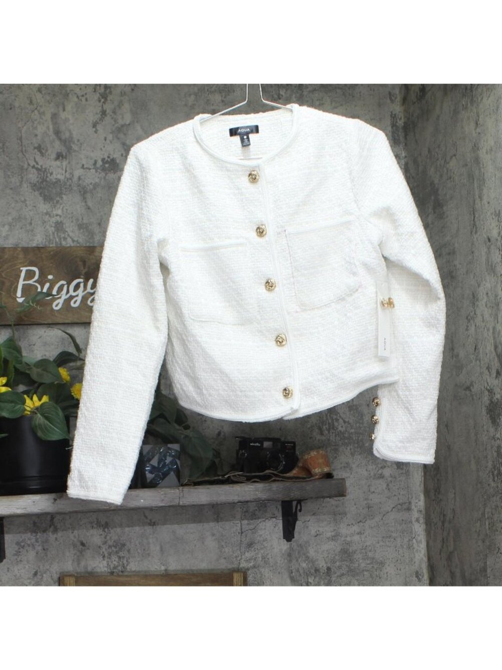 Aqua Womens 5-Button Crop Tweed Jacket OI5757BL White S